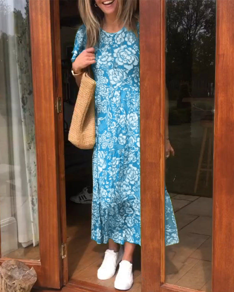 Tinne | Lange jurk met korte mouwen en bloemenprint