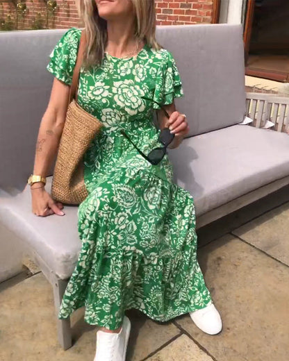 Tinne | Lange jurk met korte mouwen en bloemenprint