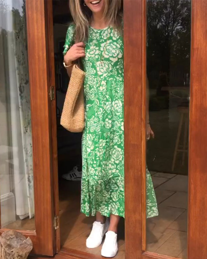 Tinne | Lange jurk met korte mouwen en bloemenprint